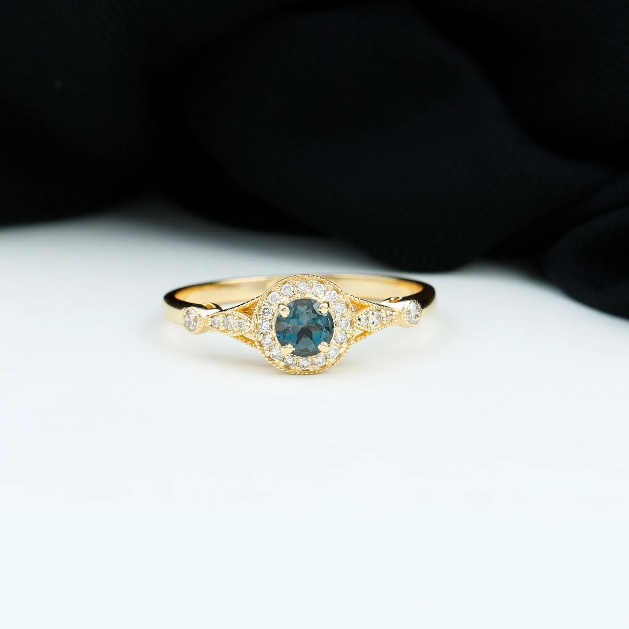 1 CT Antique London Blue Topaz and Diamond Engagement Ring with Milgrain Details