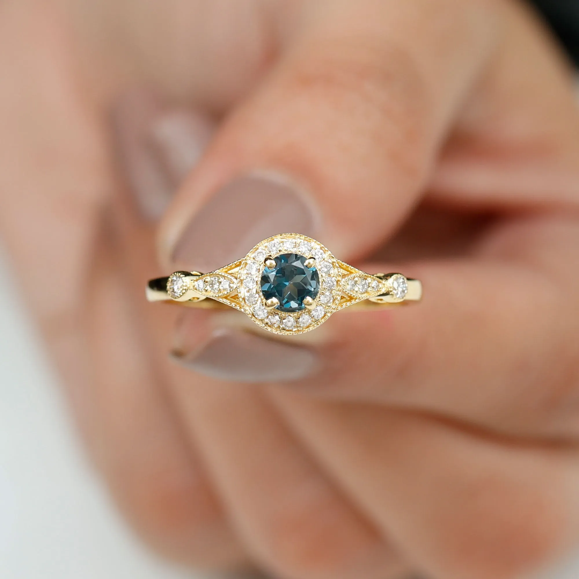 1 CT Antique London Blue Topaz and Diamond Engagement Ring with Milgrain Details