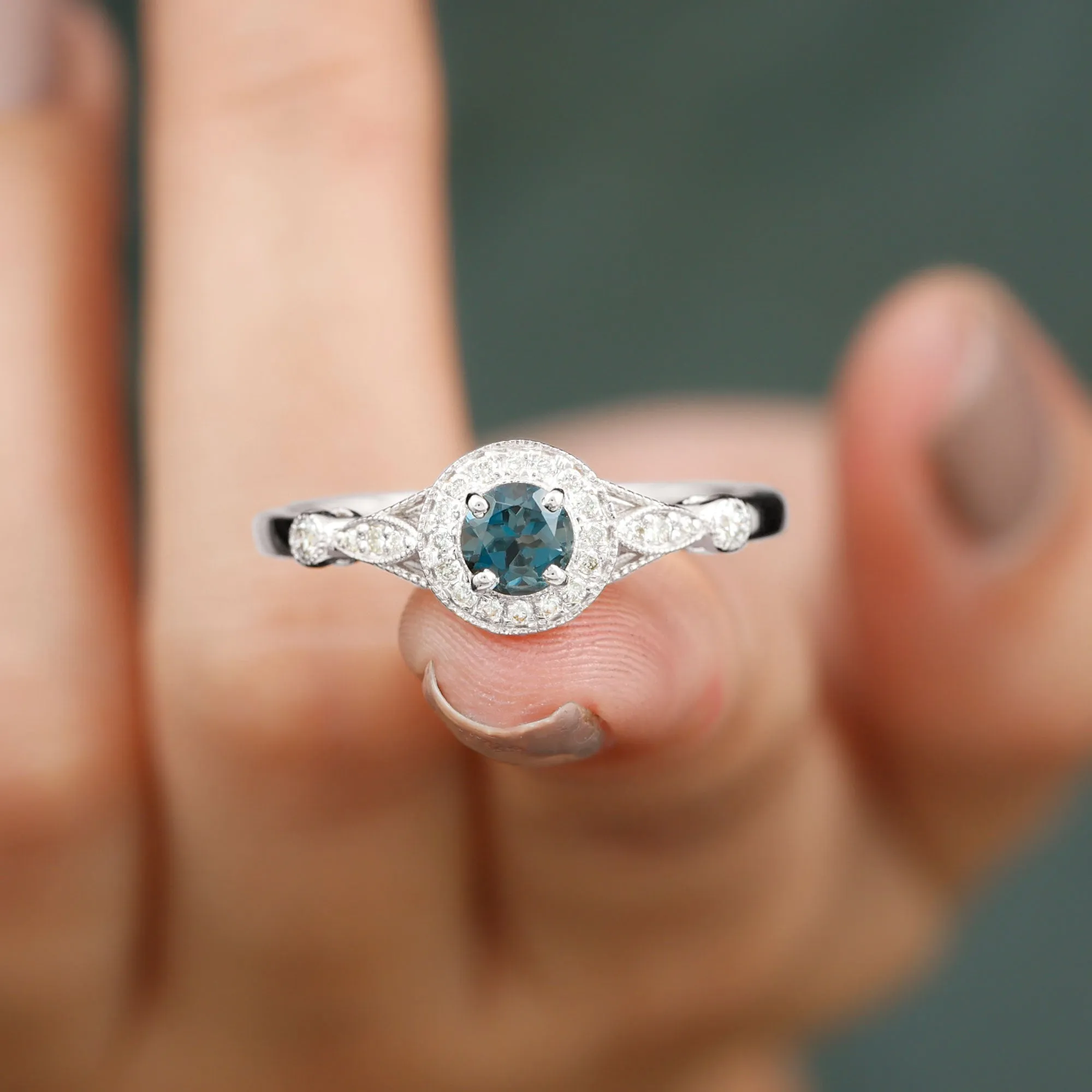 1 CT Antique London Blue Topaz and Diamond Engagement Ring with Milgrain Details