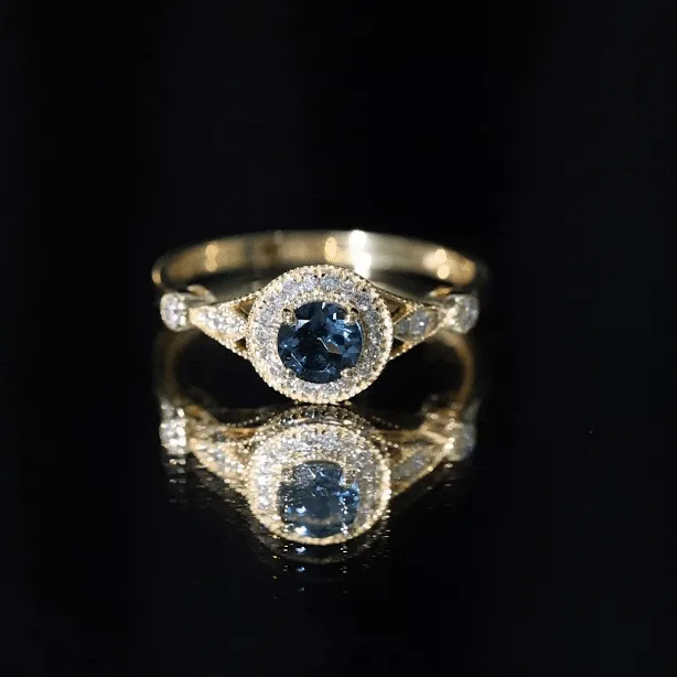 1 CT Antique London Blue Topaz and Diamond Engagement Ring with Milgrain Details