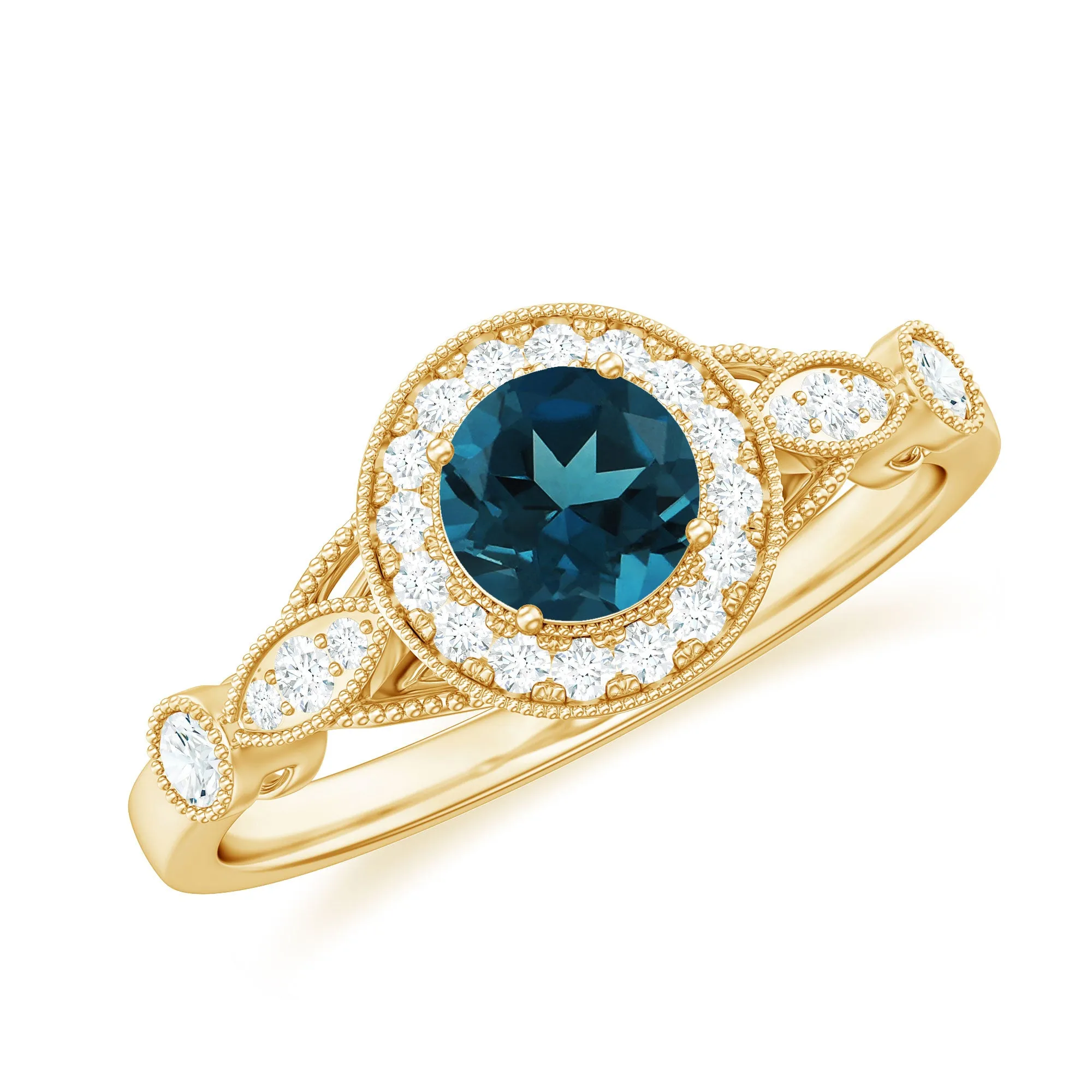 1 CT Antique London Blue Topaz and Diamond Engagement Ring with Milgrain Details