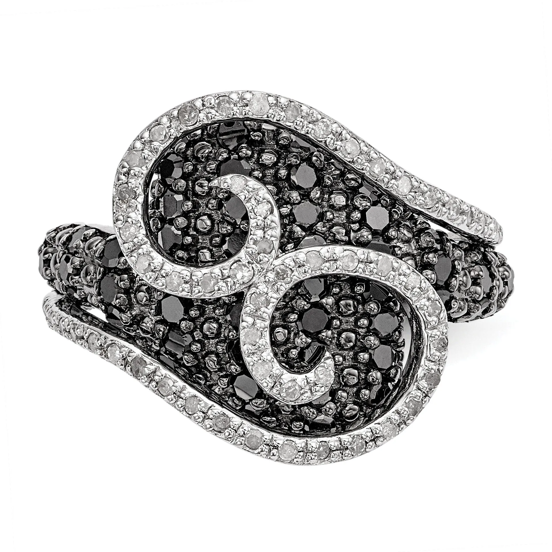 1 Ctw Black & White Diamond 18mm Swirl Ring in Sterling Silver