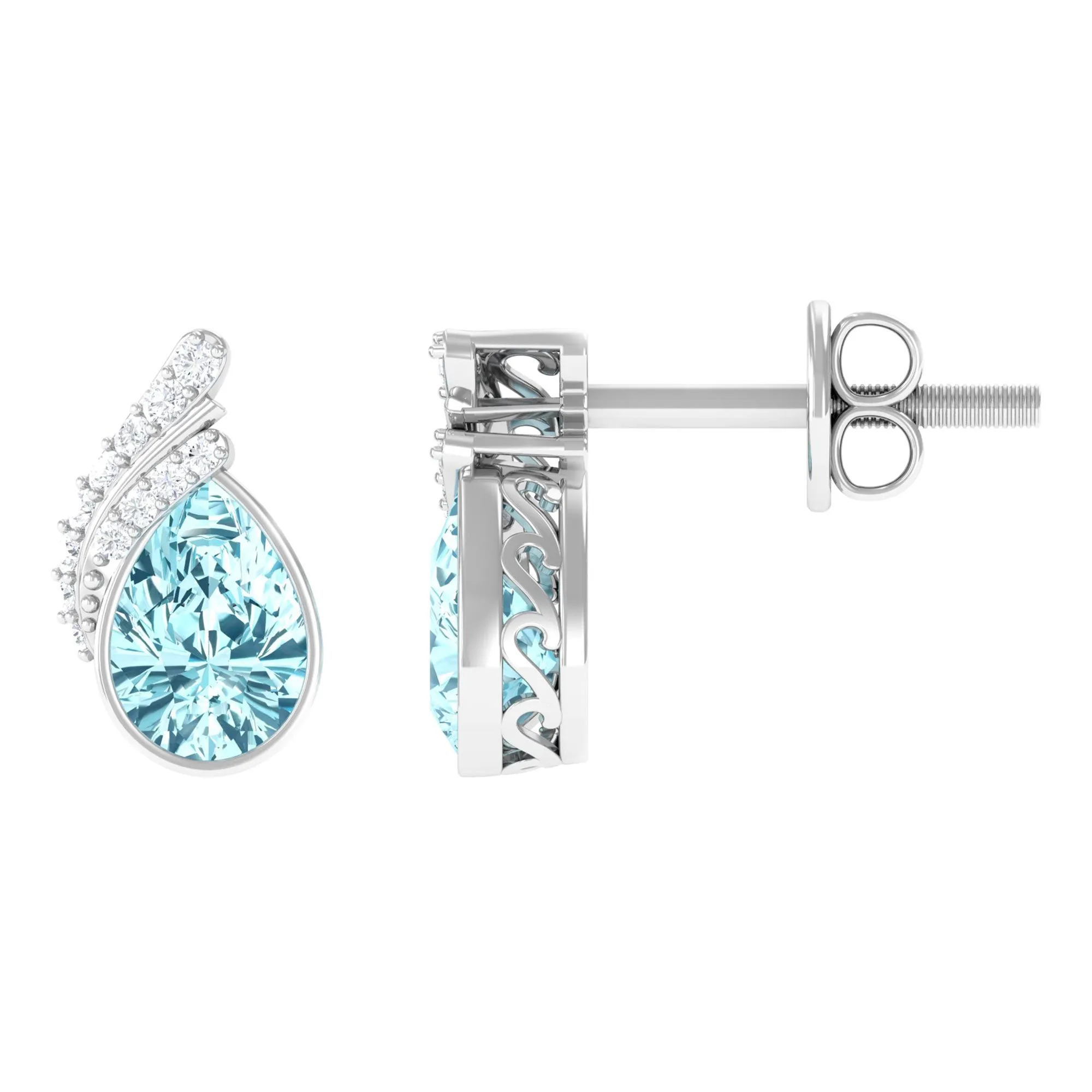 1/2 CT Designer Aquamarine Solitaire Stud Earrings with Diamond