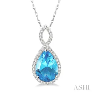 1/4 Ctw Round Cut Diamond and Entwined Pear Cut 12x8mm Blue Topaz Semi Precious Pendant in 10K White Gold with chain