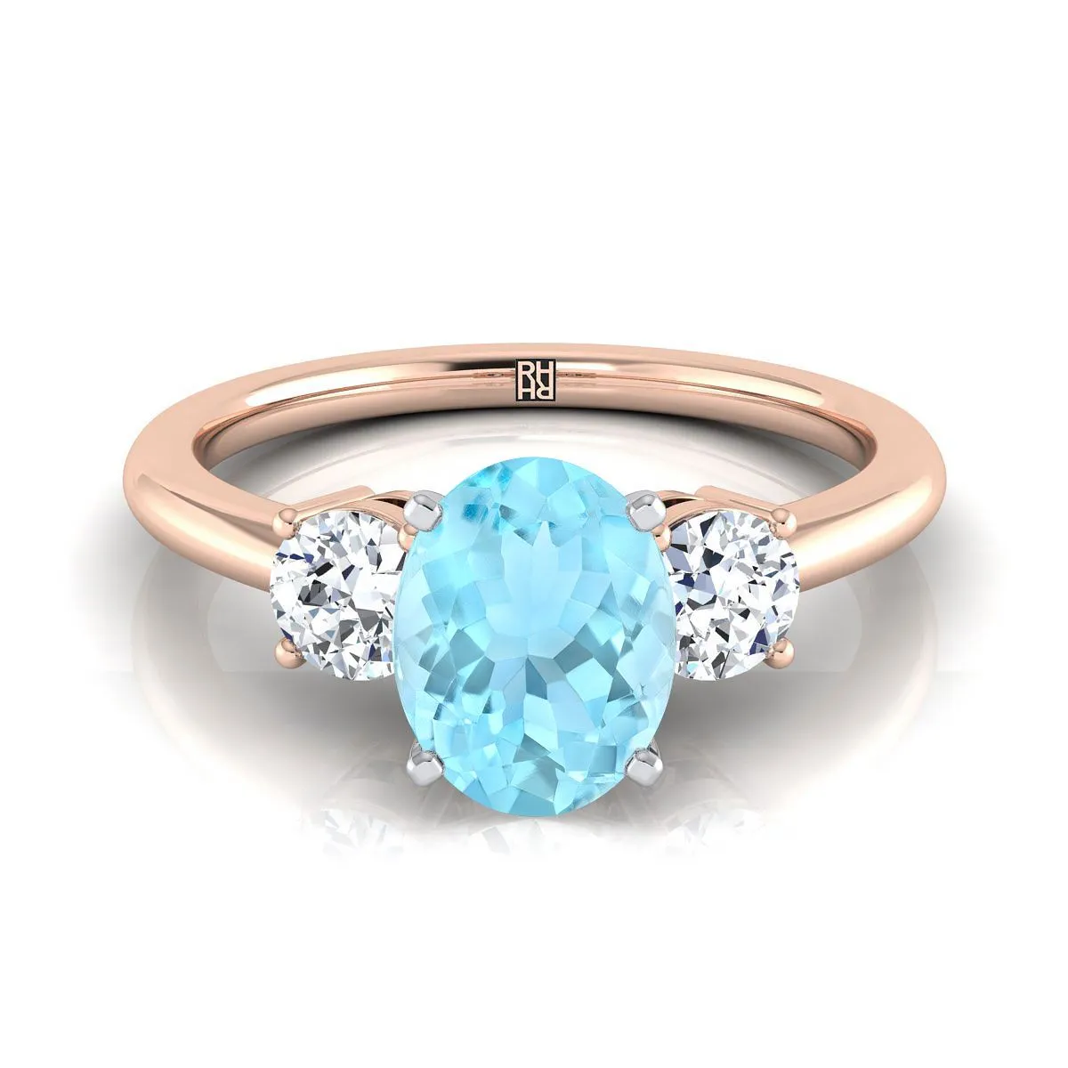 14K Rose Gold Oval Aquamarine Perfectly Matched Round Three Stone Diamond Engagement Ring -1/4ctw