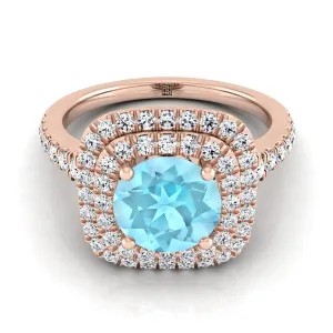 14K Rose Gold Round Brilliant Aquamarine Double Halo with Scalloped Pavé Diamond Engagement Ring -1/2ctw