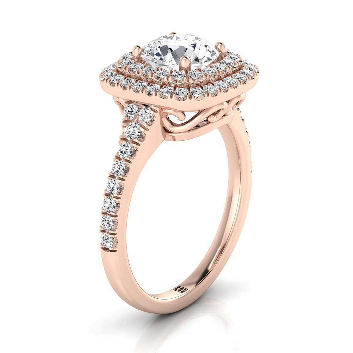 14K Rose Gold Round Brilliant Aquamarine Double Halo with Scalloped Pavé Diamond Engagement Ring -1/2ctw