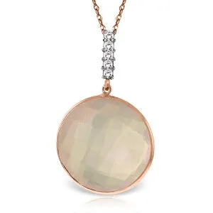 14K Solid Rose Gold Necklace w/ Diamonds & Checkerboard Cut Rose Quartz