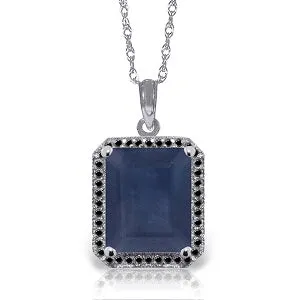 14K Solid White Gold Necklace w/ Natural Black Diamonds & Sapphire