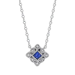 14K White Gold 0.18ct. Sapphire & 0.04ct. Diamond Filigree Detailing Fashion Necklace