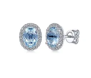 14K White Gold Diamond Halo   Oval Aquamarine Earrings