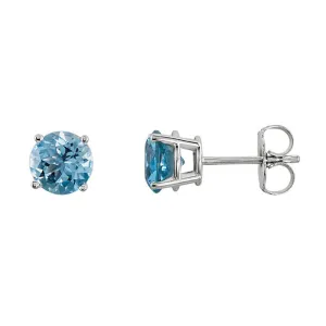 14k White Gold Plated  4 Carat Round Created Aquamarine Sapphire Stud Earrings