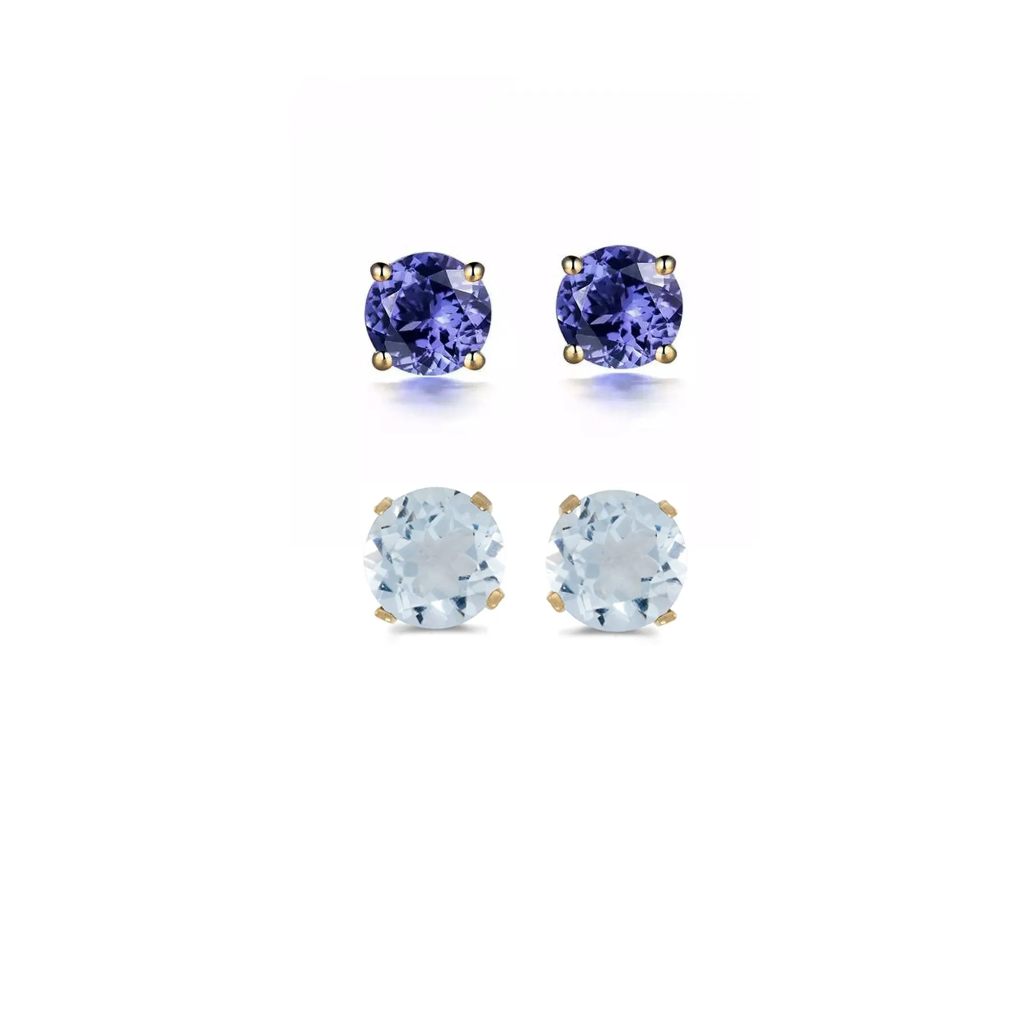 14k Yellow Gold Plated 1Ct Created Tanzanite and Aquamarine 2 Pair Round Stud Earrings