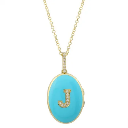 14k Yellow Gold Turquoise Diamond Initial Enamel Locket Necklace