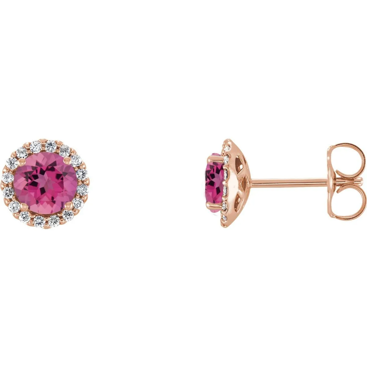 14KT GOLD 1.10 CTW PINK TOURMALINE & 1/6 CTW DIAMOND HALO EARRING