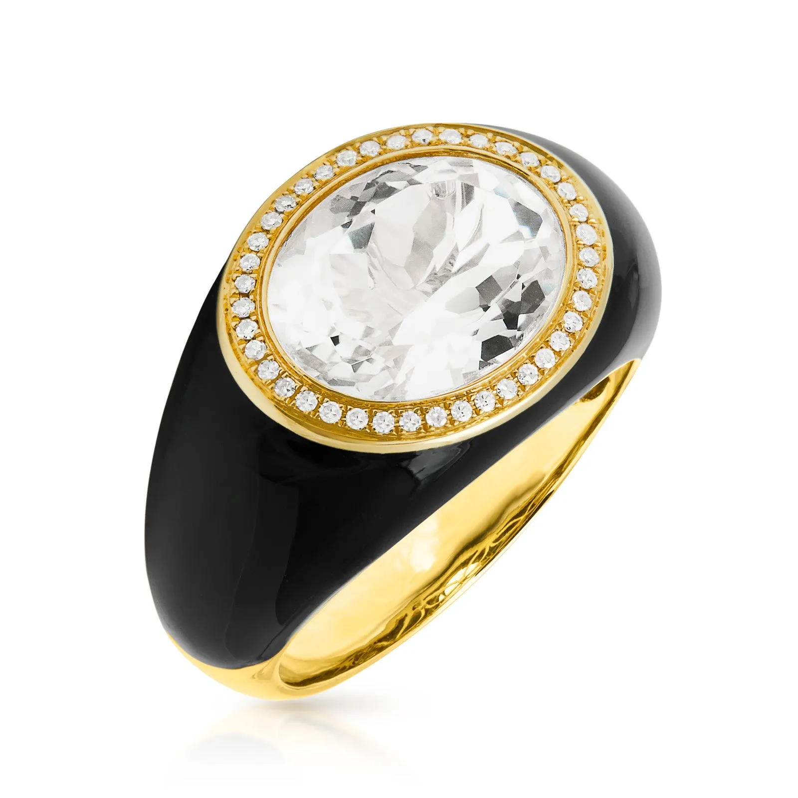 14KT Yellow Gold White Topaz Black Enamel Diamond Dome Ring