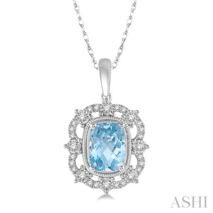 1/5 Ctw Cushion Shape 8x6 MM Aquamarine & Round Cut Diamond Semi Precious Pendant With Chain in 10K White Gold