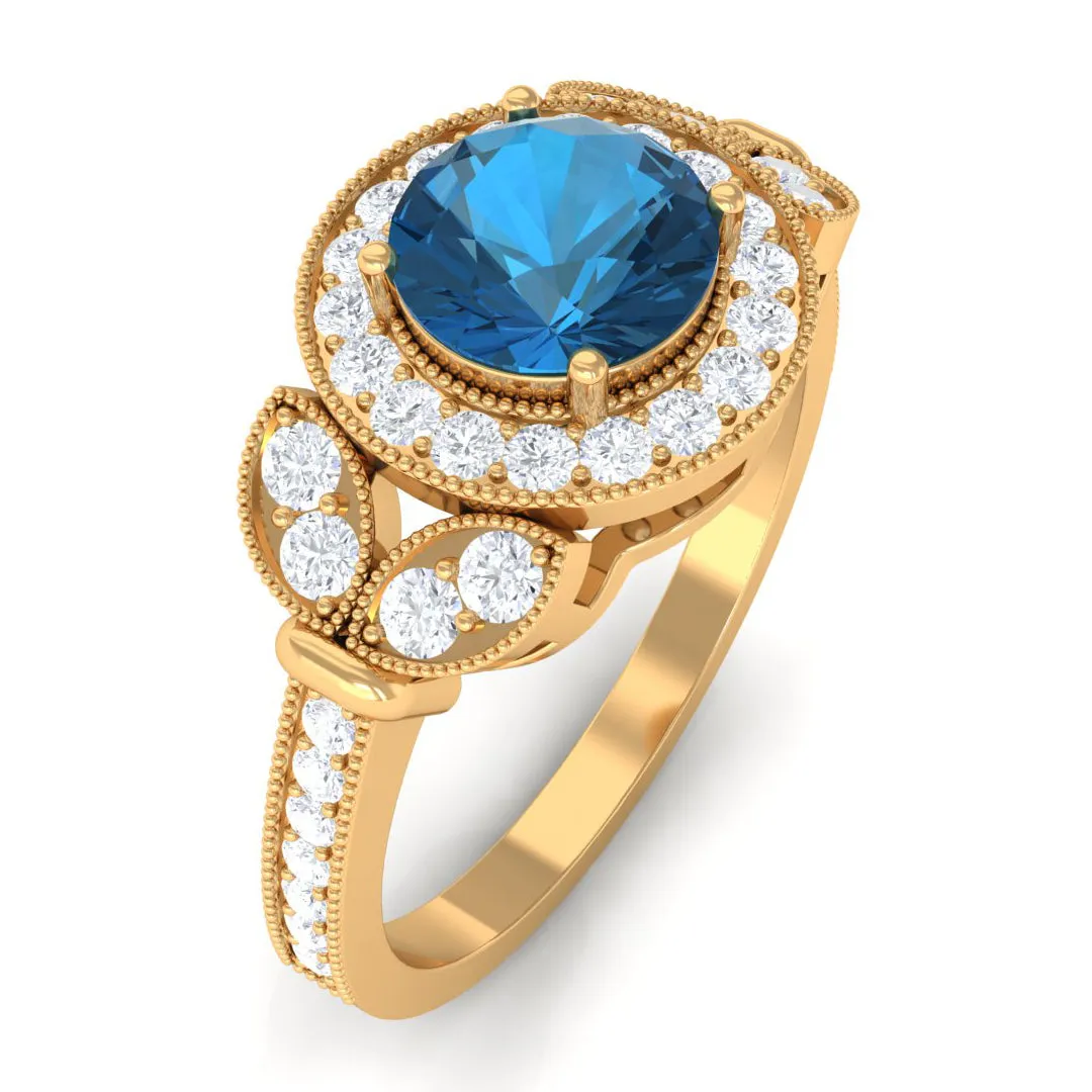 1.50 CT London Blue Topaz Vintage Style Engagement Ring with Diamond