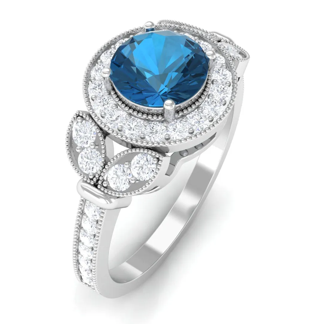 1.50 CT London Blue Topaz Vintage Style Engagement Ring with Diamond