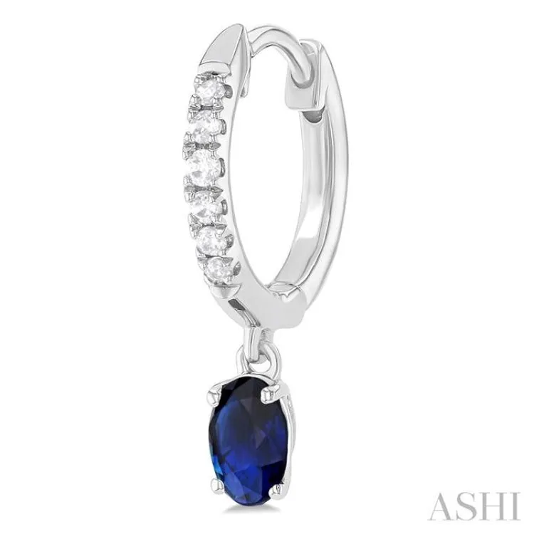 1/8 ctw Petite 5x3 MM Oval Cut Sapphire and Round Cut Diamond Precious Fashion Huggies in 10K White Gold