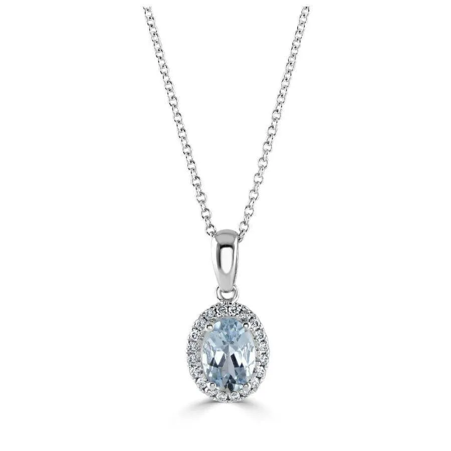 18ct White Gold Oval Cut Aquamarine & Diamond Halo Cluster Pendant