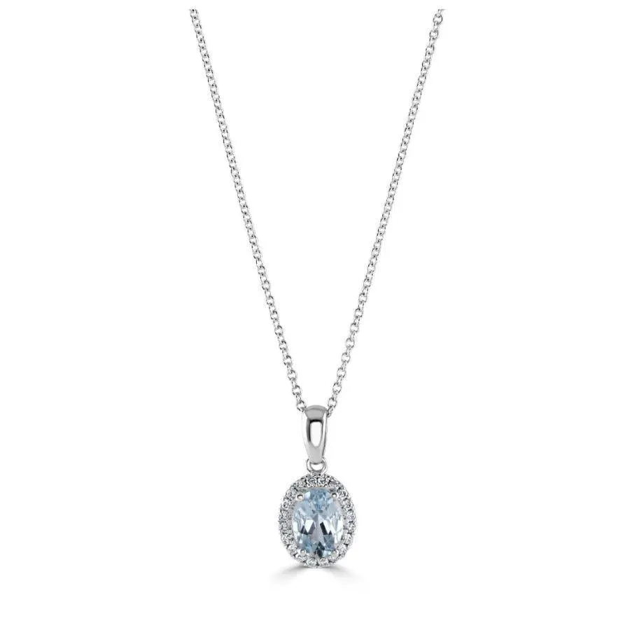 18ct White Gold Oval Cut Aquamarine & Diamond Halo Cluster Pendant