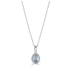 18ct White Gold Oval Cut Aquamarine & Diamond Halo Cluster Pendant