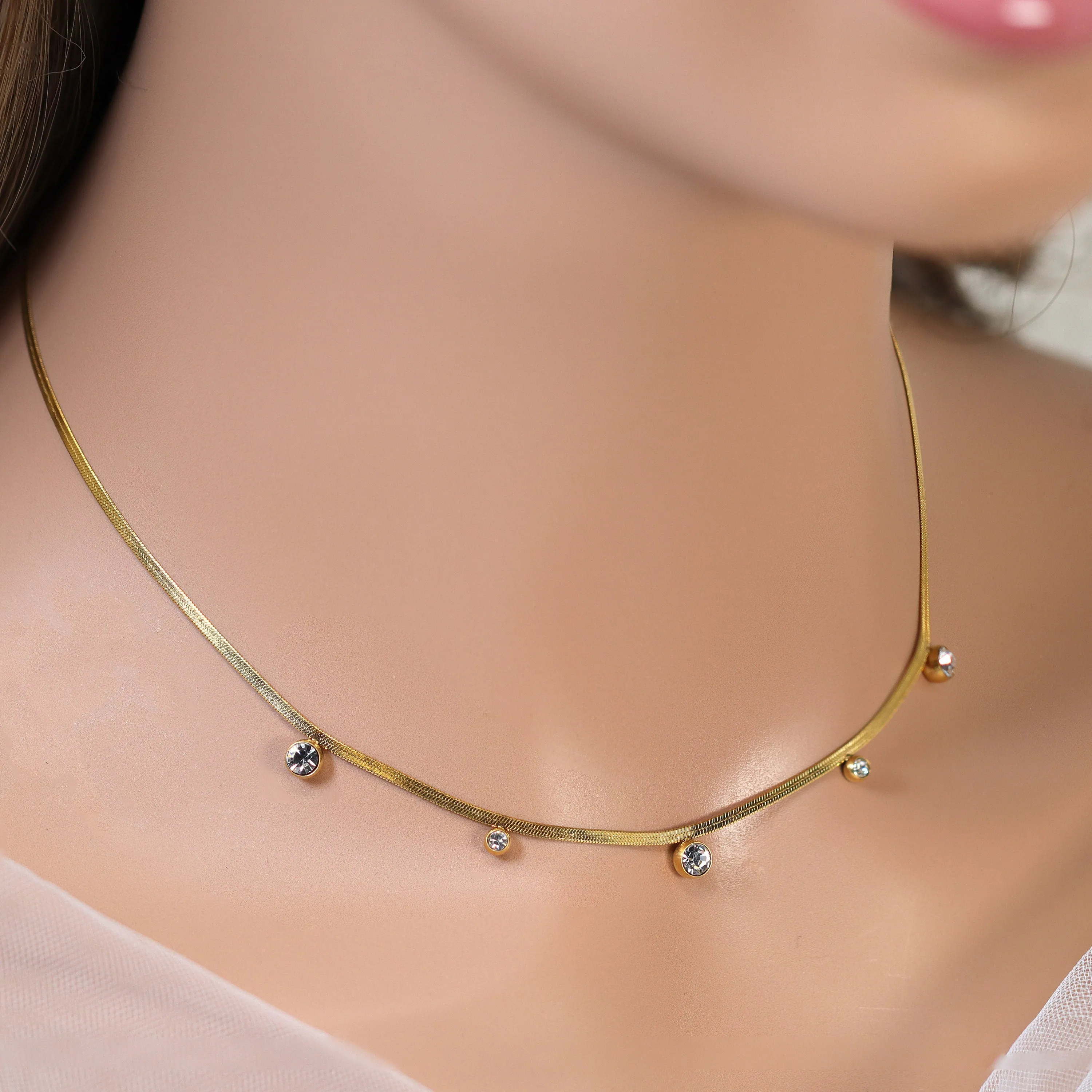 18k Gold Plated Swarovski Crystal Dainty Snake Chain Choker Necklace • Snake Chain Necklace • Minimalist • 14k Dainty Gold Necklace