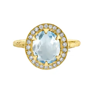 18k Queen Oval Aquamarine Ring with Full Pavé Diamond Halo