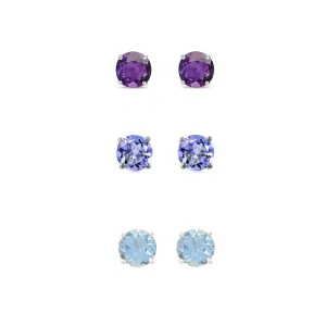 18k White Gold Plated 2Ct Created Amethyst, Tanzanite and Aquamarine 3 Pair Round Stud Earrings