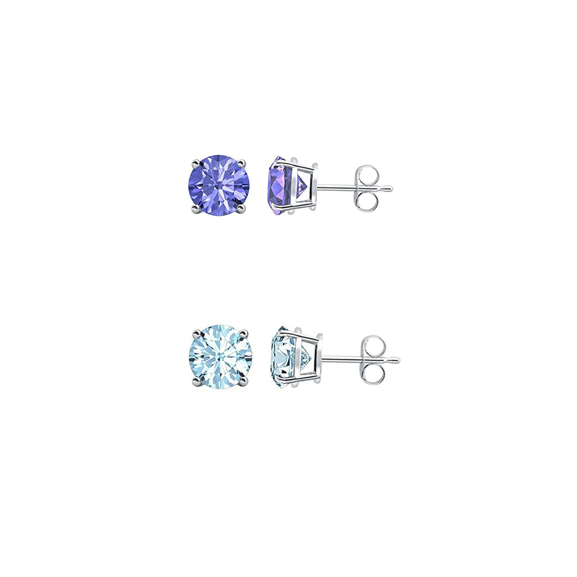 18k White Gold Plated 4Ct Created Tanzanite and Aquamarine 2 Pair Round Stud Earrings