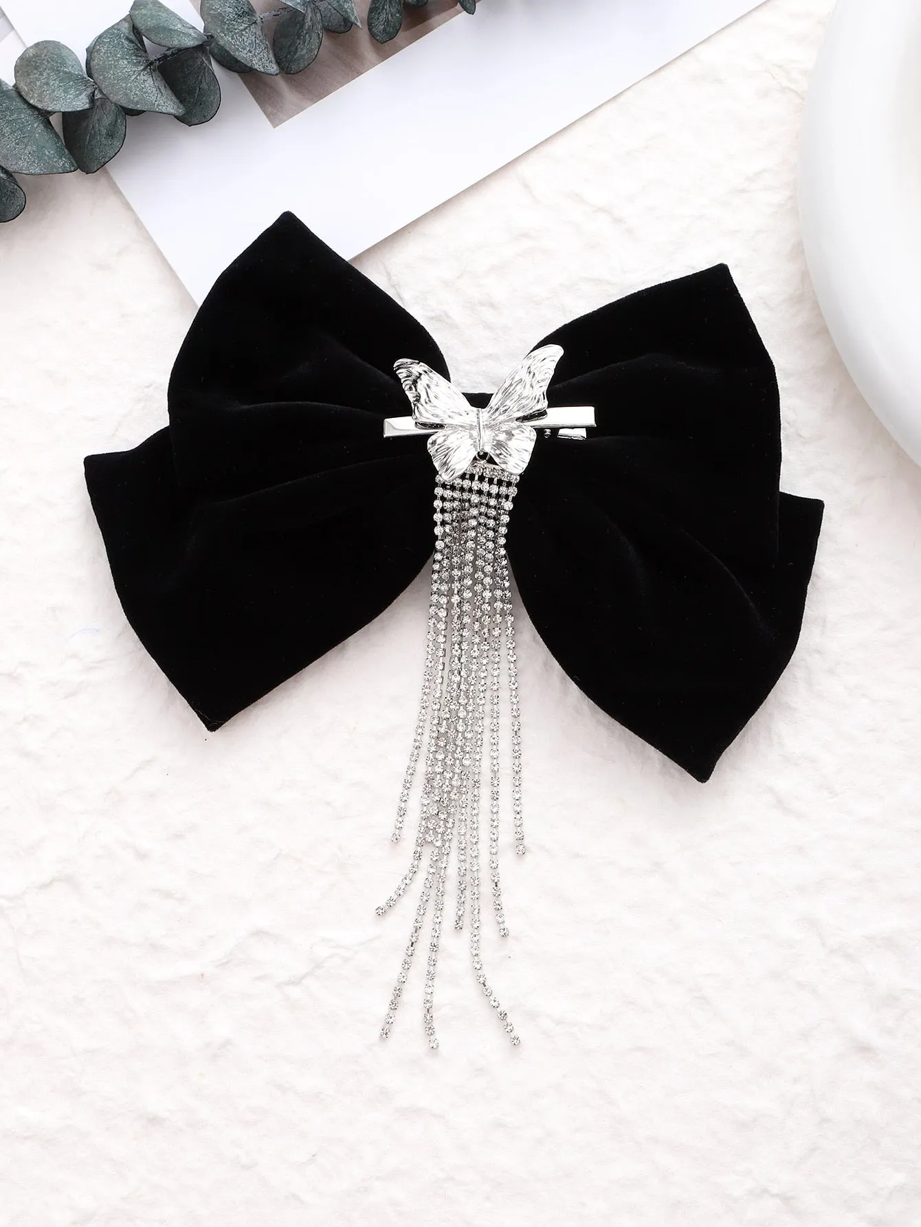 1pc Velvet Bowknot Rhinestone Decor Tassel Hair Clip for Women Barrette Styling