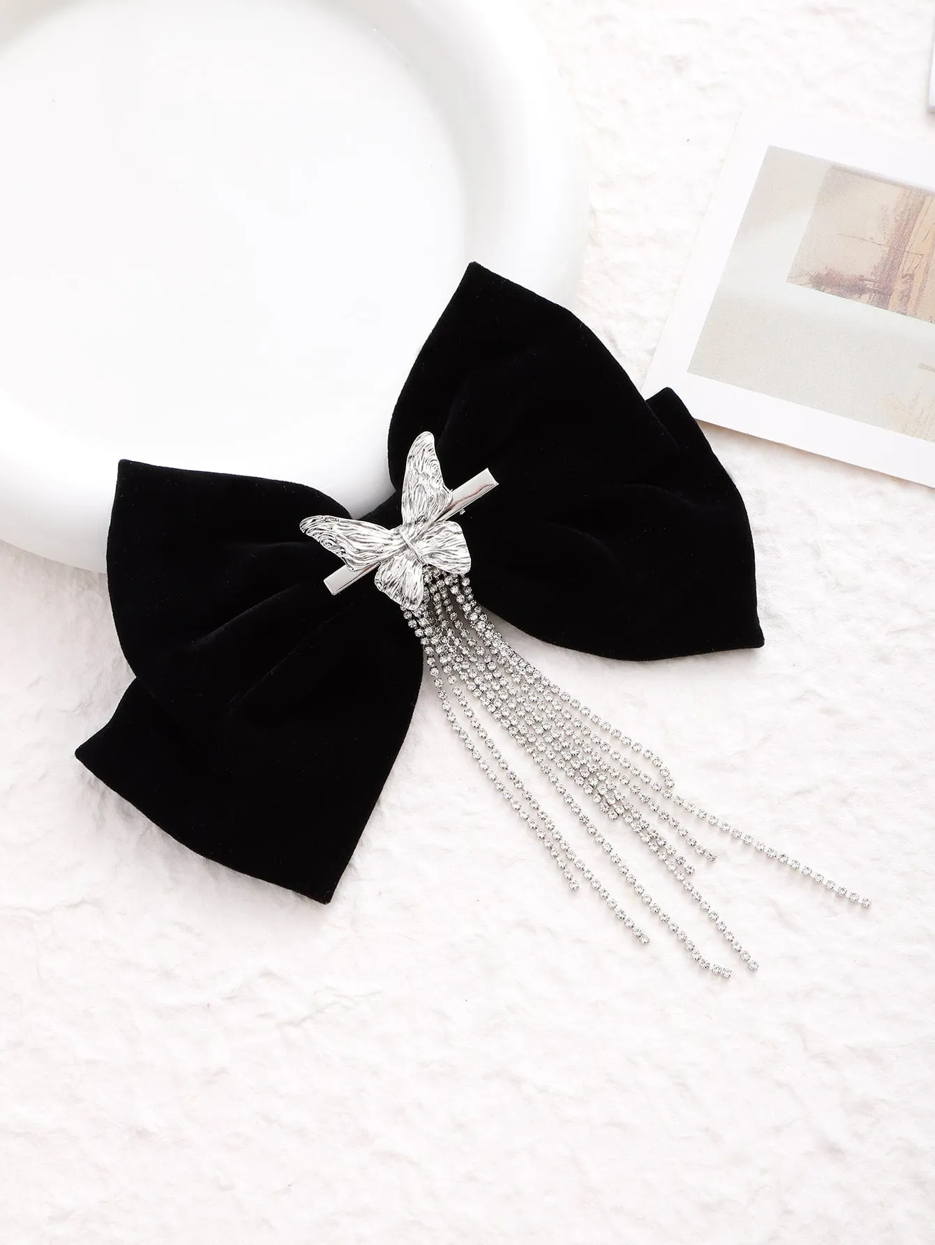 1pc Velvet Bowknot Rhinestone Decor Tassel Hair Clip for Women Barrette Styling