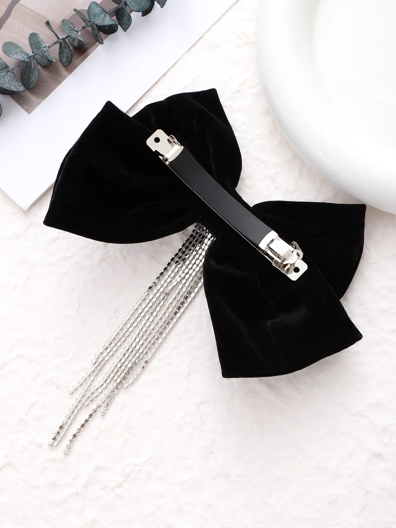 1pc Velvet Bowknot Rhinestone Decor Tassel Hair Clip for Women Barrette Styling