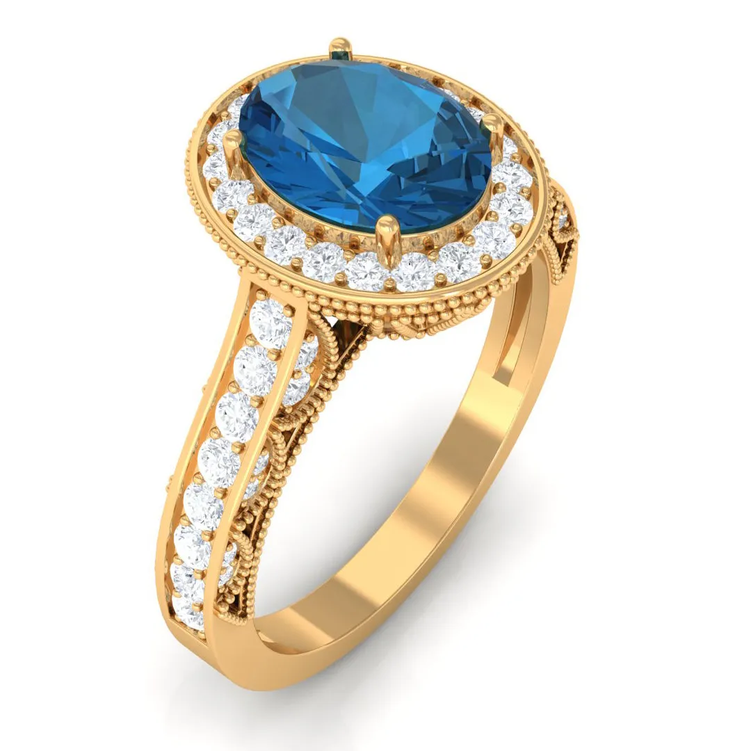 2 CT London Blue Topaz and Diamond Engagement Ring with Milgrain Details