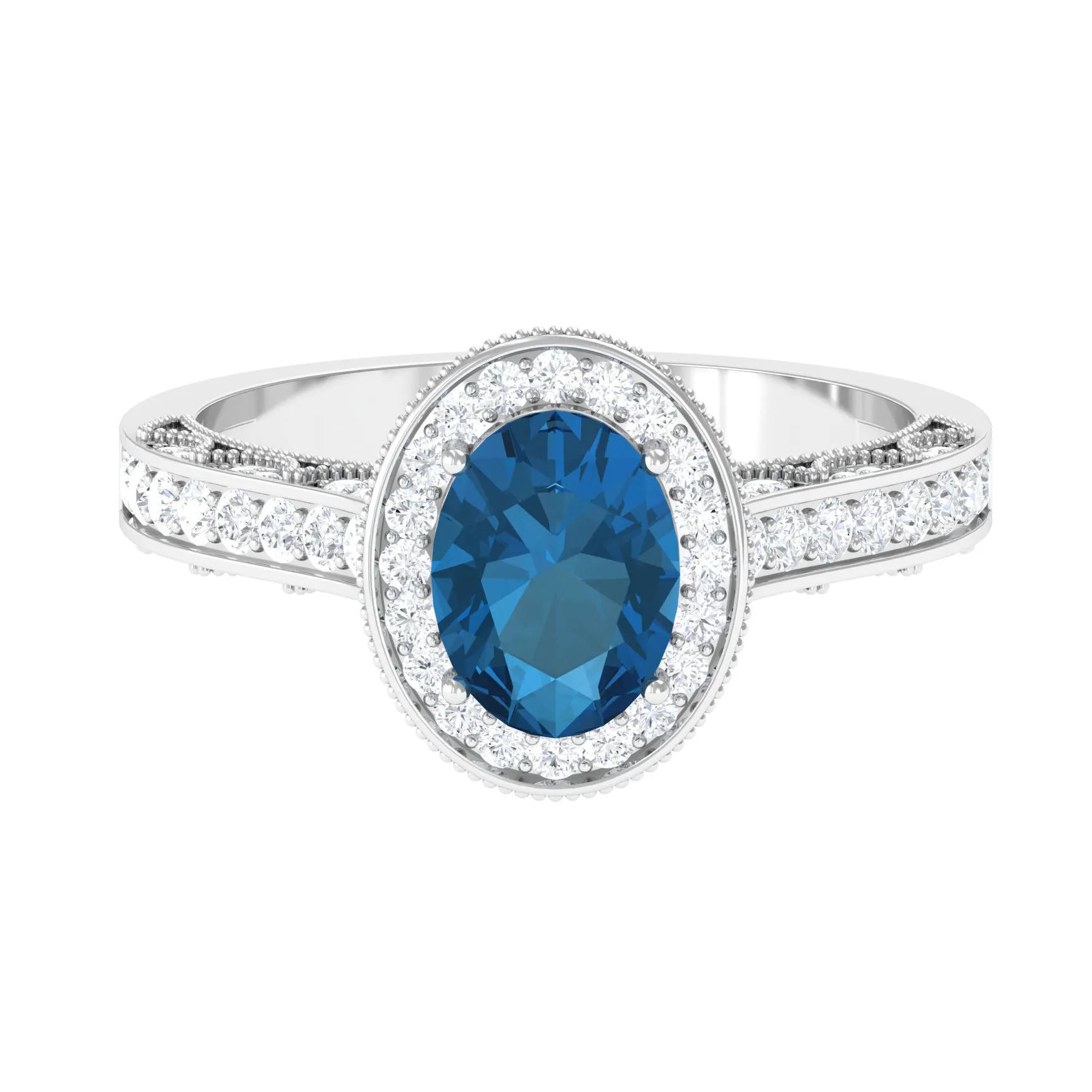 2 CT London Blue Topaz and Diamond Engagement Ring with Milgrain Details