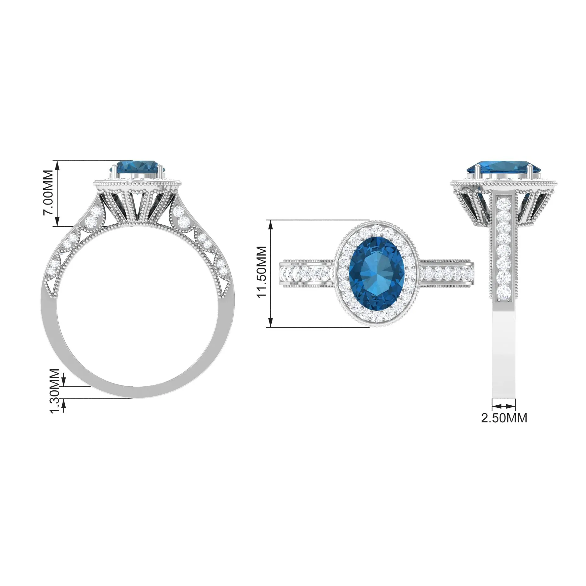 2 CT London Blue Topaz and Diamond Engagement Ring with Milgrain Details