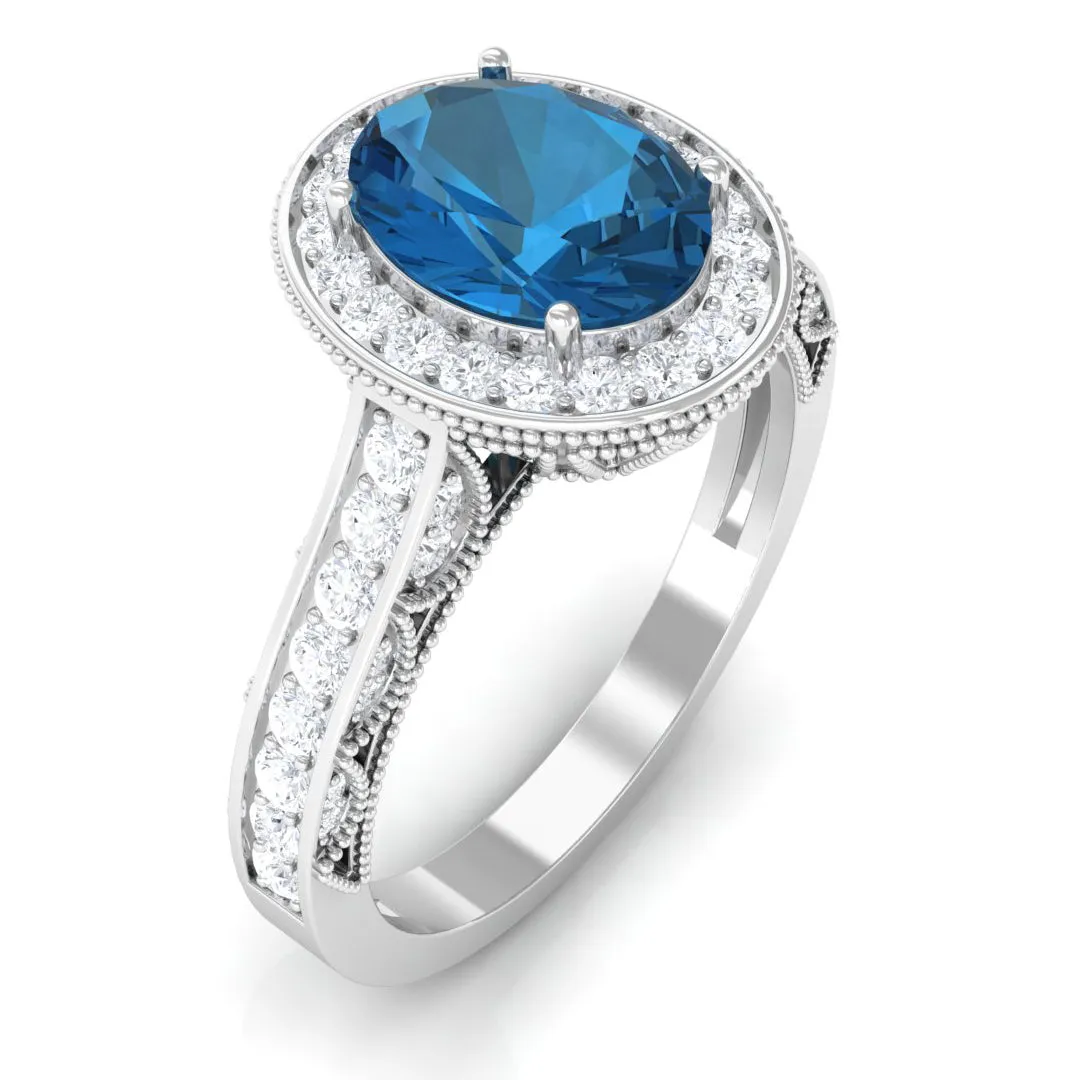 2 CT London Blue Topaz and Diamond Engagement Ring with Milgrain Details