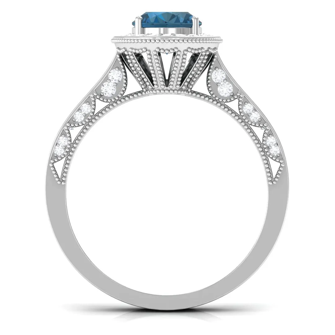 2 CT London Blue Topaz and Diamond Engagement Ring with Milgrain Details