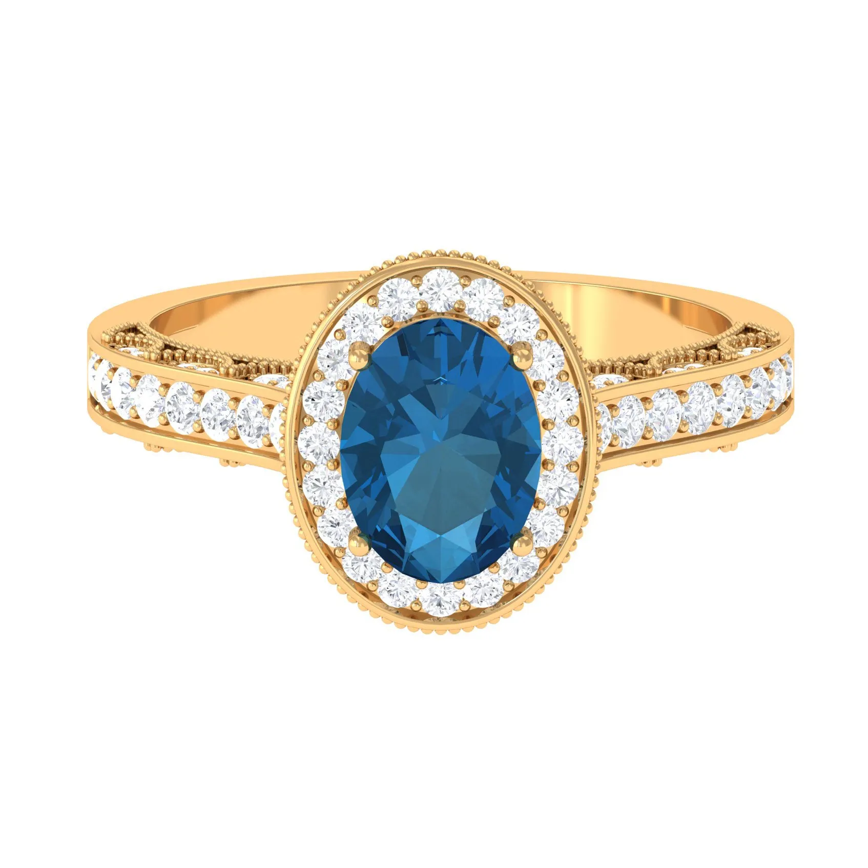 2 CT London Blue Topaz and Diamond Engagement Ring with Milgrain Details