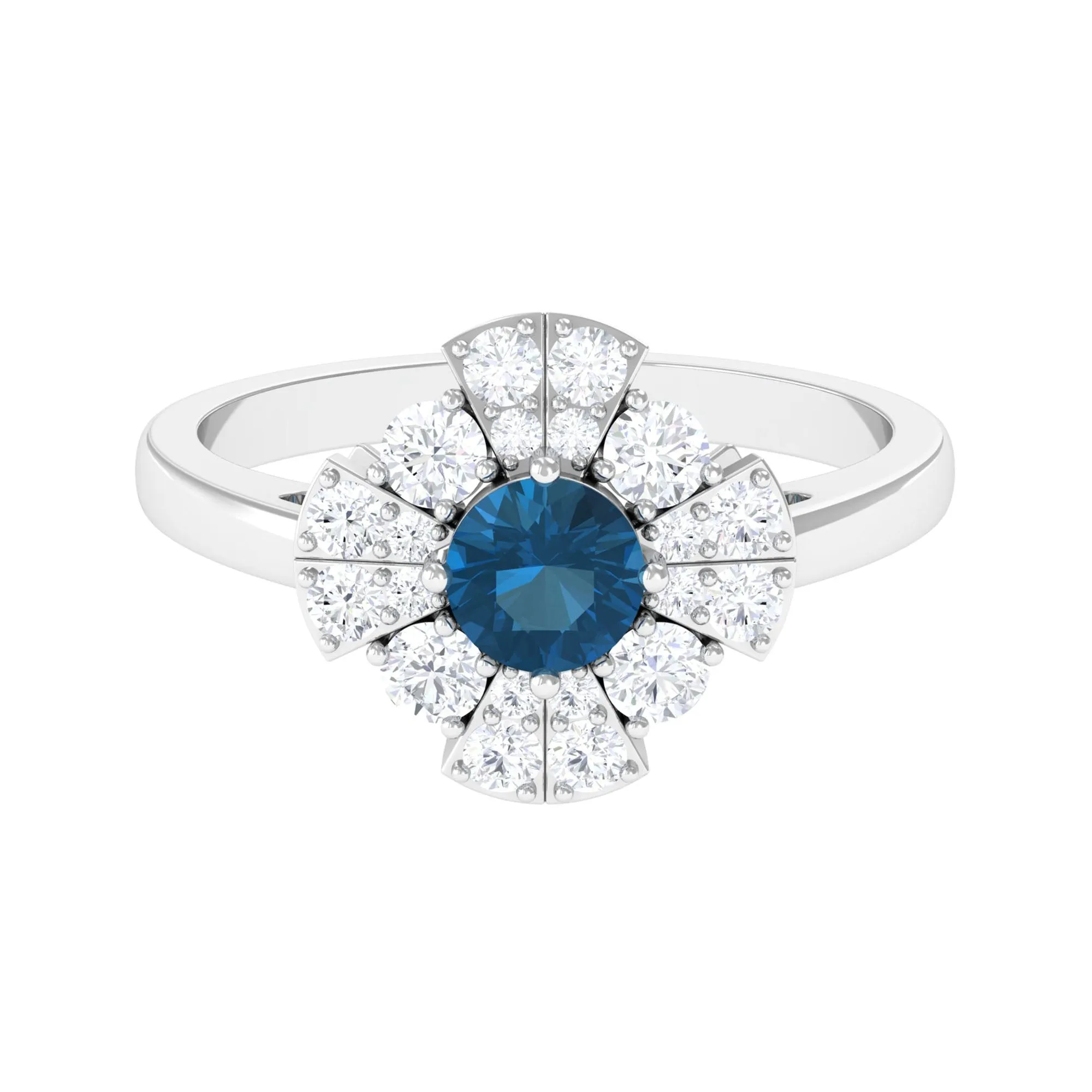 2 CT London Blue Topaz Flower Engagement Ring with Diamond