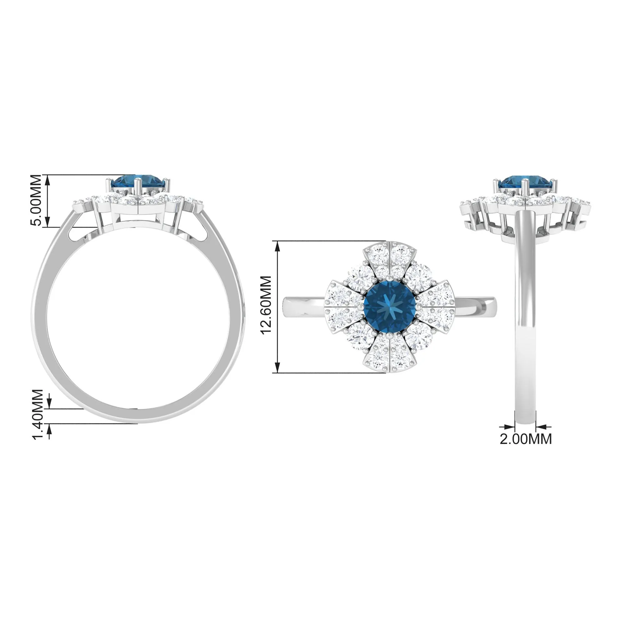 2 CT London Blue Topaz Flower Engagement Ring with Diamond