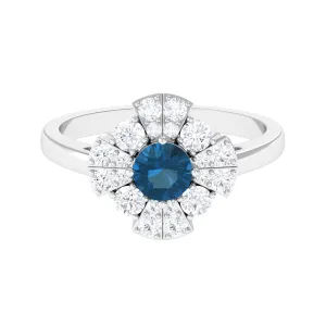 2 CT London Blue Topaz Flower Engagement Ring with Diamond