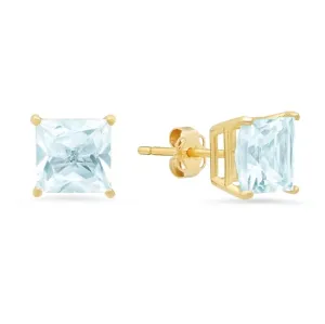 24k Yellow Gold Plated 2 Cttw Aquamarine Princess Cut Stud Earrings