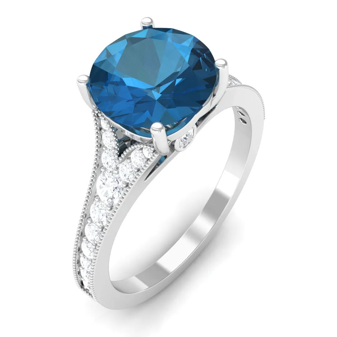 2.75 CT London Blue Topaz Engagement Ring with Diamond Side Stones