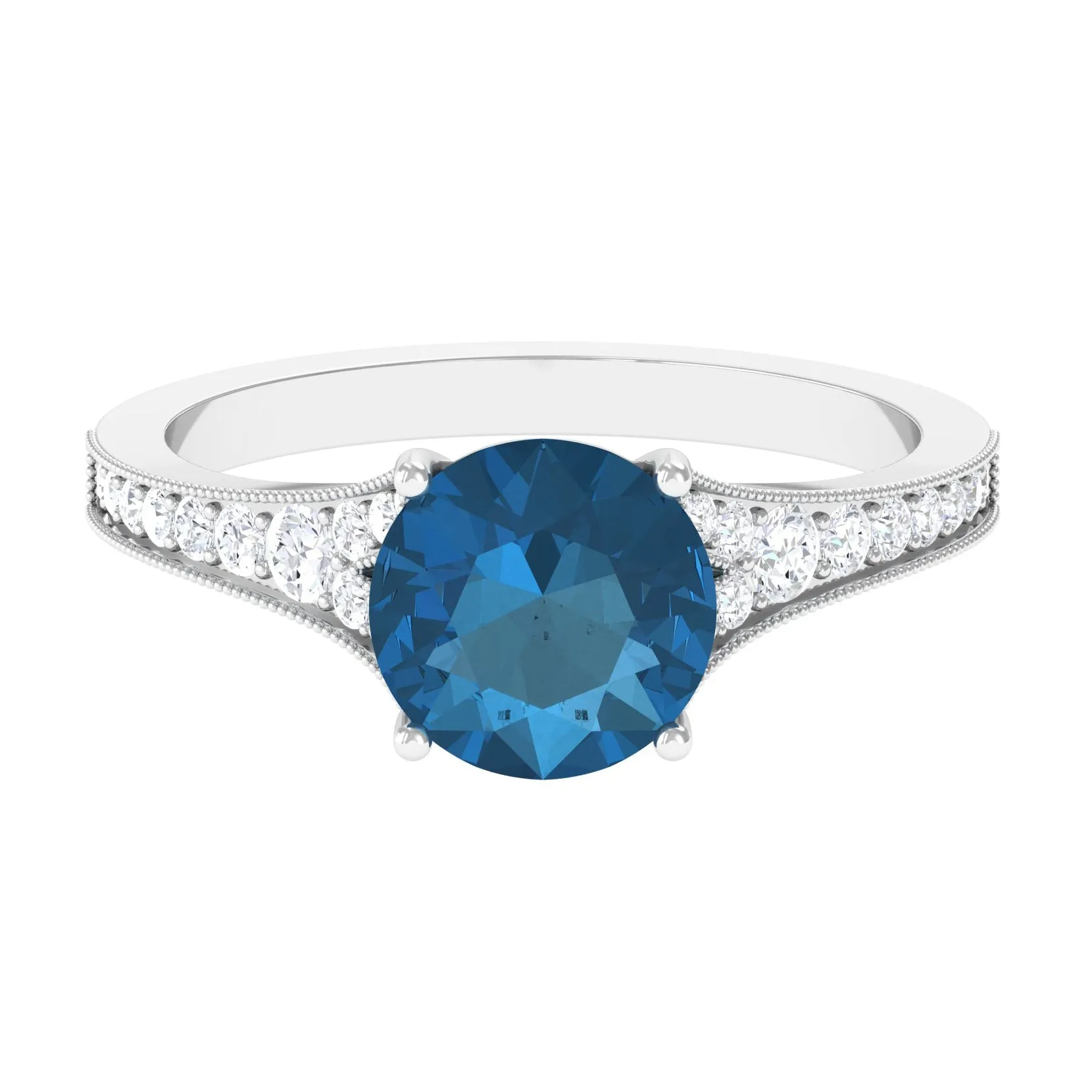 2.75 CT London Blue Topaz Engagement Ring with Diamond Side Stones