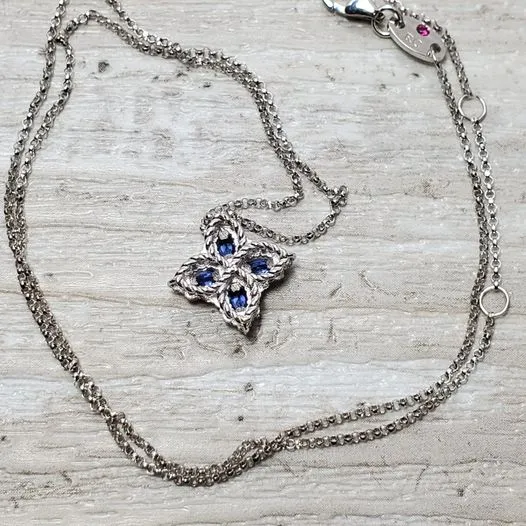 $2950 18" Roberto Coin Princess Flower Sapphire Diamond 18k Gold Necklace