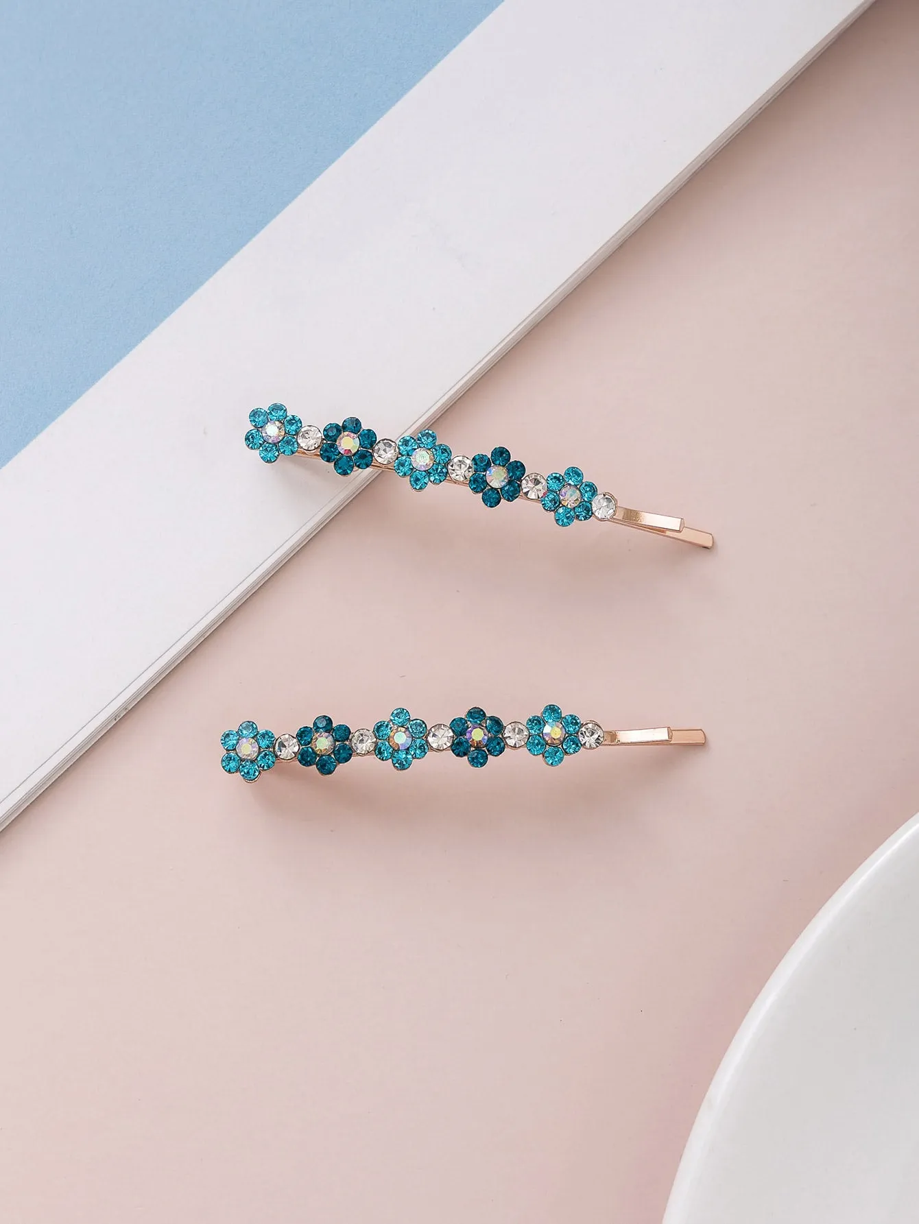 2pcs Blue Rhinestone Flower Decor Bobby Pin for Women Barrette Styling Hair