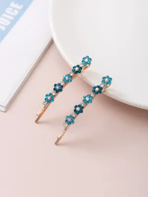 2pcs Blue Rhinestone Flower Decor Bobby Pin for Women Barrette Styling Hair