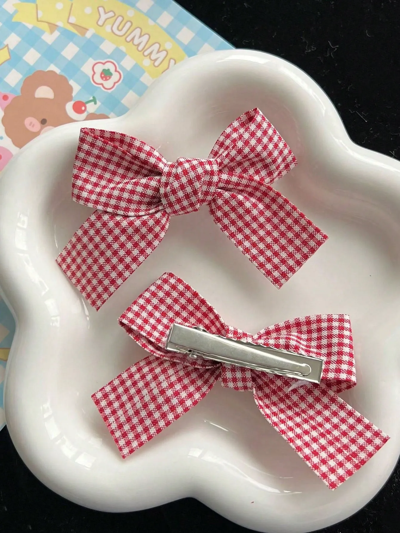 2pcs Red Plaid Pattern Bow Decor Alligator Hair Clip for Women Barrette Styling